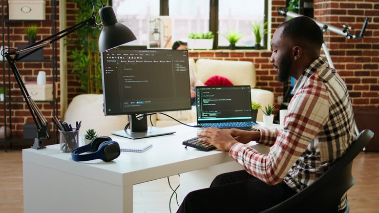 Ung mand ses programmere softwarekode på sin bærbare computer i et elegant hjemmekontor