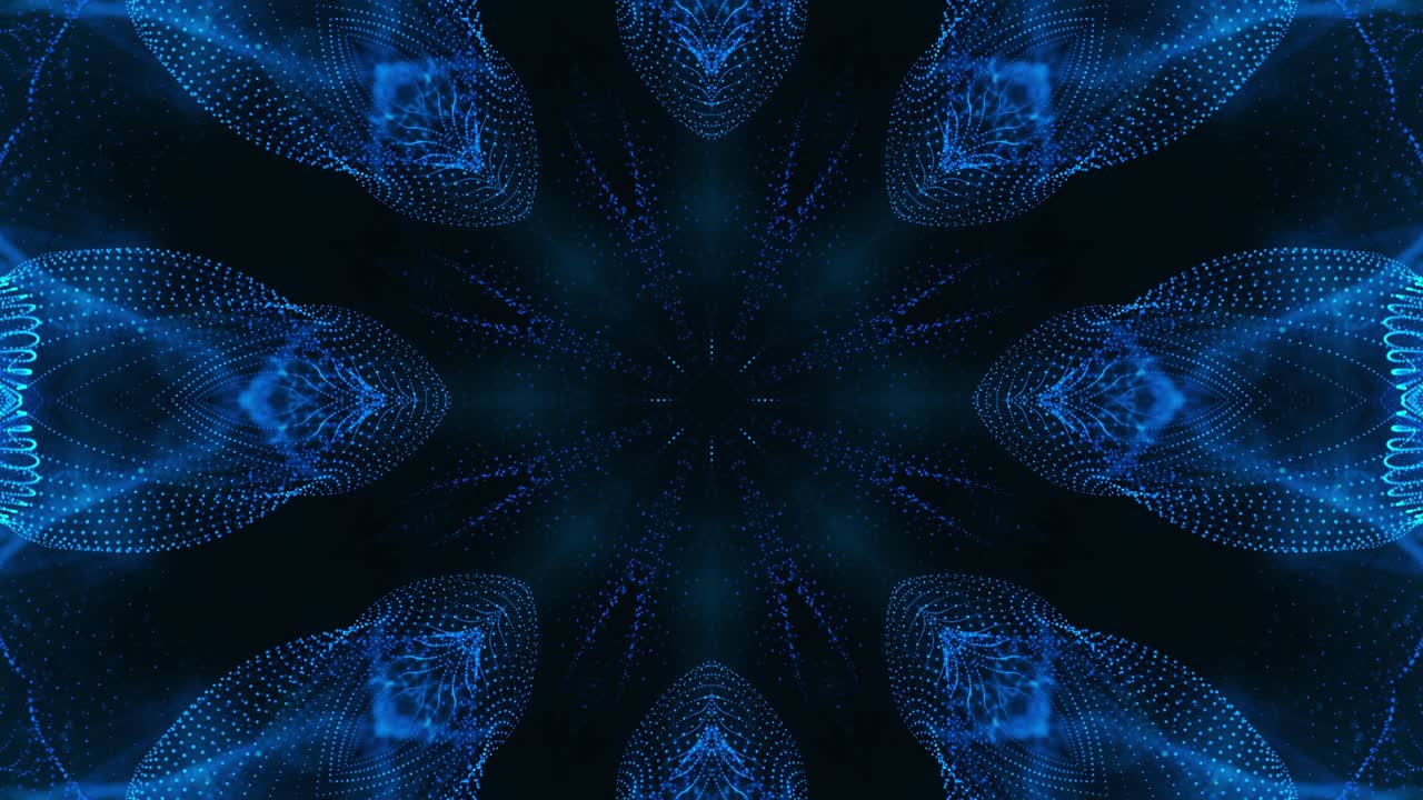 Blue flower with black background and blue background. Kaleidoscope VJ loop