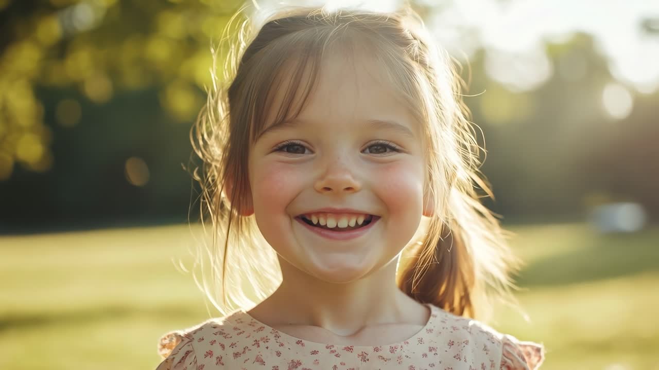 A joyful child smiles in a sunlit park, captured in a close-up, eye-level angle
