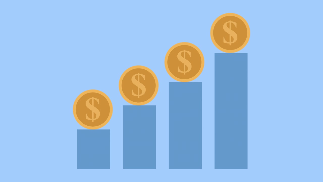 Animated Bar Chart with Gold Dollar Coins Rising and Falling
