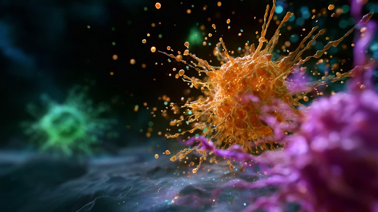 Vibrant and Dynamic Visualization of Immune Cells Engaging in Defense Reaction Against Infections, Showcasing Colorful Antibodies and Pathogens at Micro Level