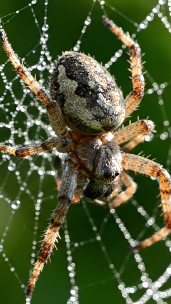 Nahaufnahme einer faszinierenden Spinne in ihrem Netz, die filigrane Details und im Sonnenlicht reflektierte Tautropfen zeigt.
