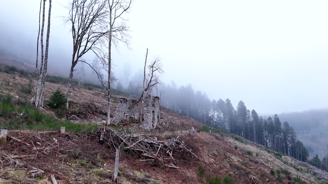 órbita aérea alrededor de ruinas de granjas muy antiguas en una montaña con bosque y niebla