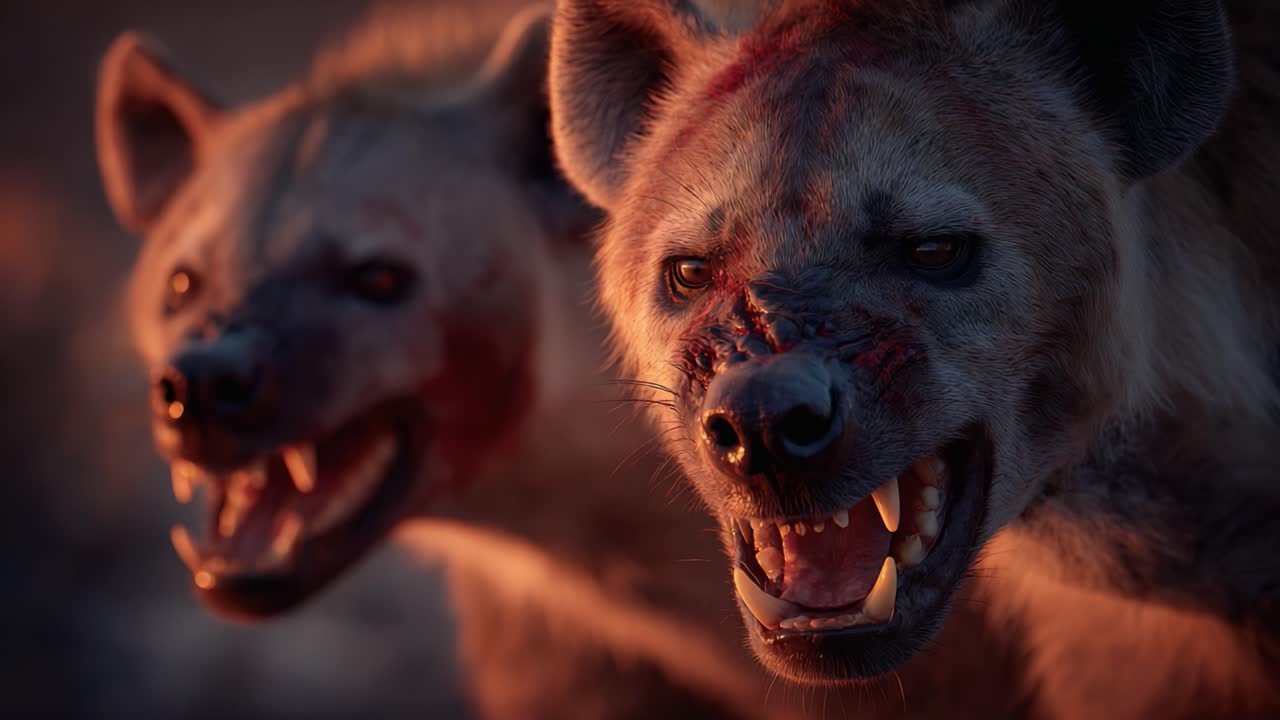 Two Hyenas Displaying Fierce Expressions, Showcasing Their Sharp Teeth and Distinctive Features Under Dramatic Lighting