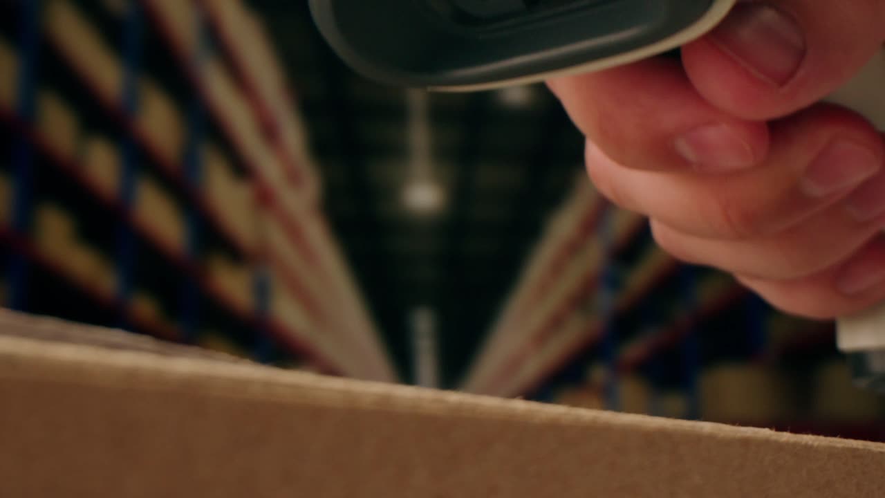 Scanner scan delivery box in storage, E-commerce shop, man packing goods and clothes second hand delivery market, courier Packaging and Shipping Workspace with Supplies and Technology, online sales.