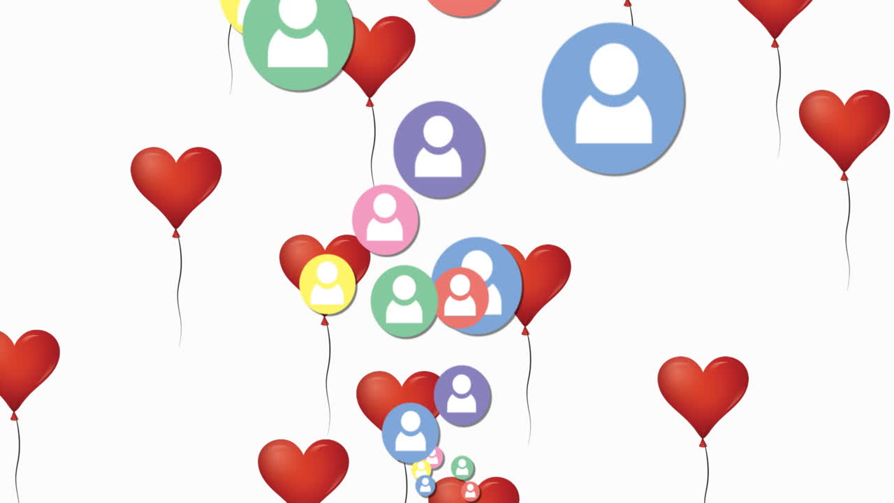 Animazione di cuori e icone utente dei social media su sfondo bianco
