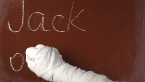textured brown chalkboard background mummy's hand in bandages writing 'mummy' on the board with a