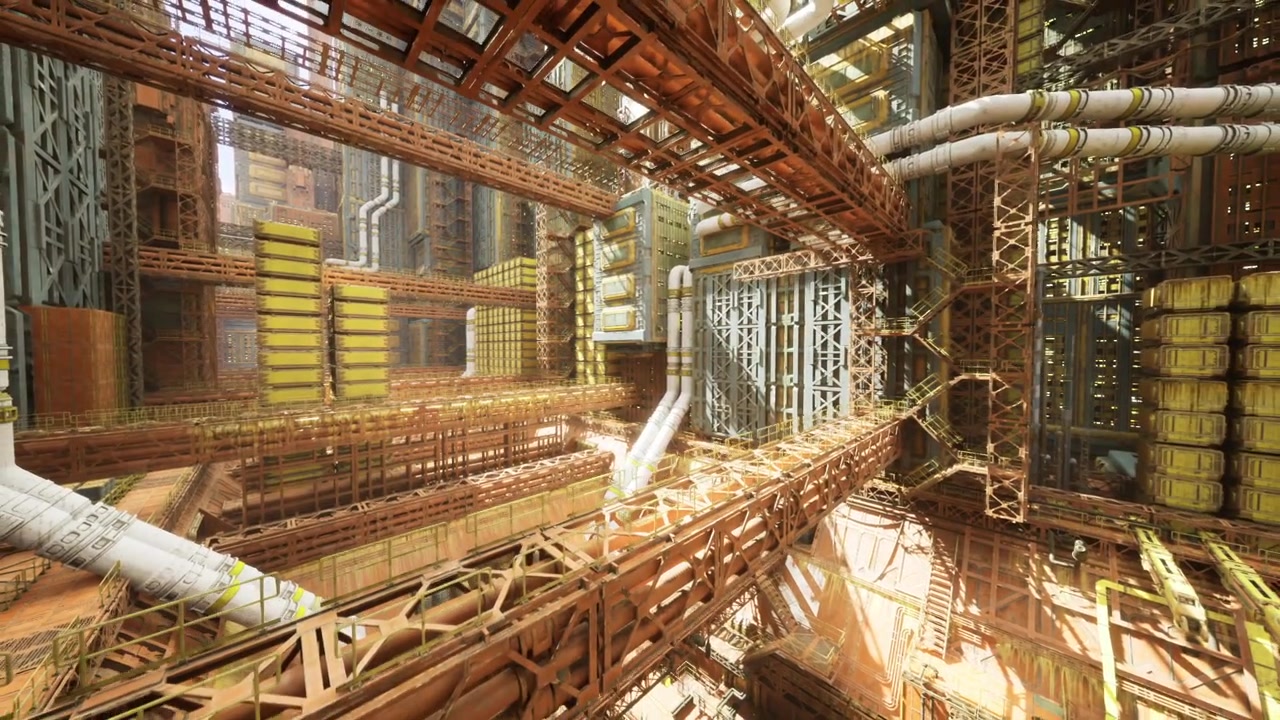 Luminous workshop featuring intricate piping and supportive framework