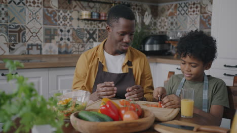 father and son preparing food together in the kitchen