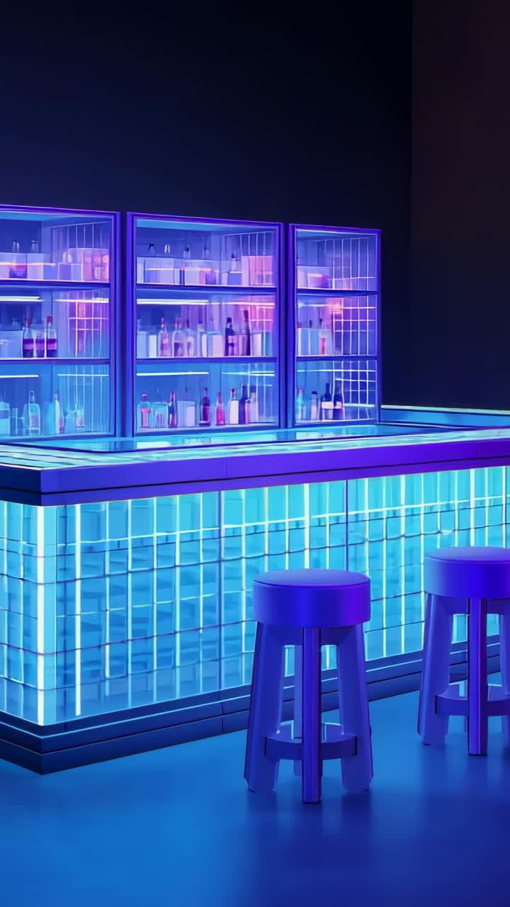 Vertical video: Panning right camera showing lit bar and three stools in dark lounge, LED shelves