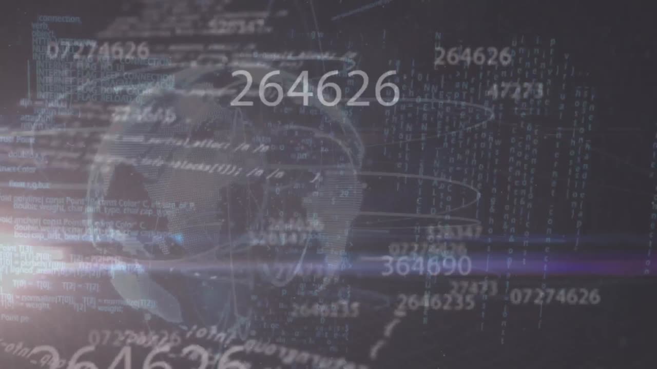 animación del destello de la lente, números múltiples, globo giratorio, lenguaje de programación en fondo negro.