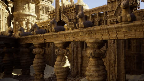 ancient temple architecture with carved horse sculptures in sunlight