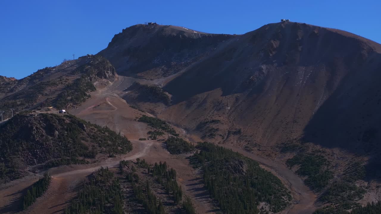 Mammoth Lakes Mountain Ski Area Minarets Upper Panorama Gondola summer autumn fall aerial drone California McCoy Station main lodge parking lot sunny daytime blue sky chairlift gondola circle right