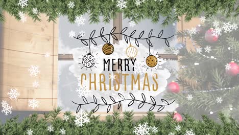 Animation-of-merry-christmas-text-over-snow-falling-and-christmas-tree