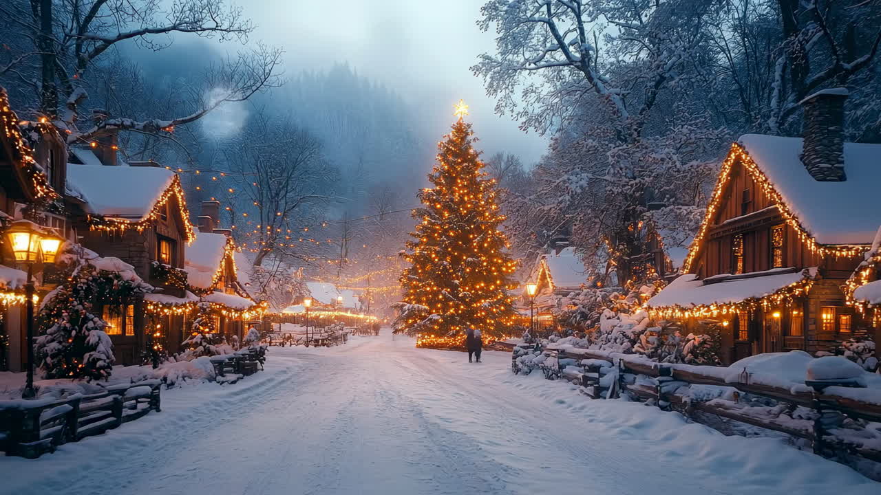 Festive snowy winter village. Snow-covered village at dusk features a large decorated tree and warm lights adorning charming houses