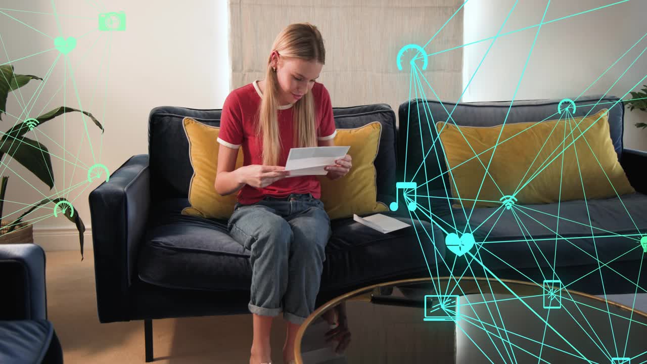 Woman seeing item opening mail checking bills picking phone teal overlaying right showing wifi icon