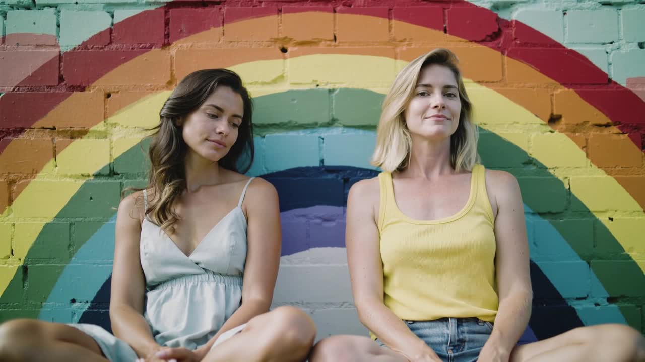 Breathing, two women in sundress and tank top shifting gaze, smiling in front of rainbow mural