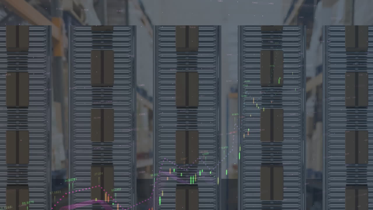 배경에서 컨베이어 벨트에 있는 카드보드 상자 위에서 통계 처리의 애니메이션