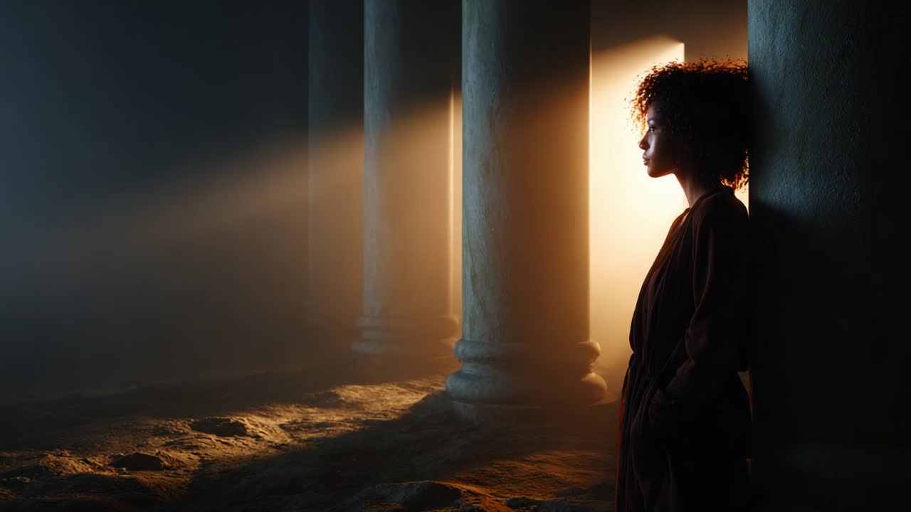A contemplative silhouette stands quietly amidst the serene ambiance of soft light filtering through ancient columns, evoking a sense of introspection and mystery in a moment of solitude