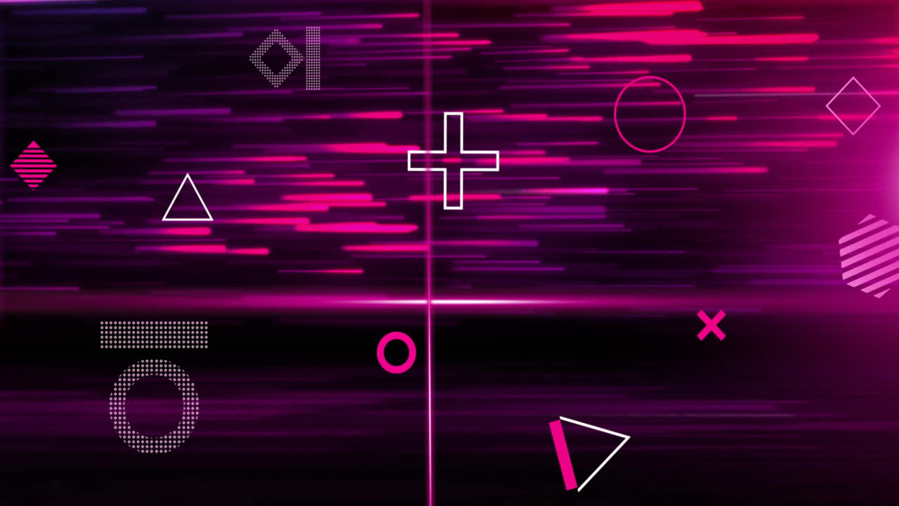 Animation of rotating 3d shapes and pink scanner beams over pink and red light trails on black