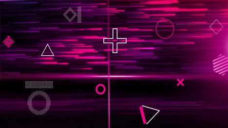 Animation of rotating 3d shapes and pink scanner beams over pink and red light trails on black
