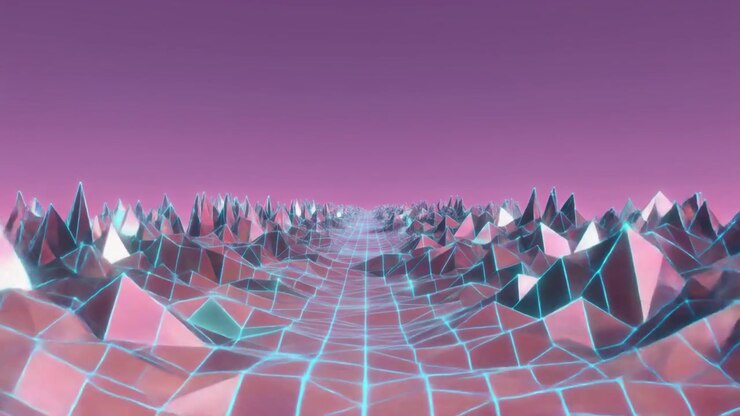 Retro Synthwave Style Digital Landscape with Glowing Grid