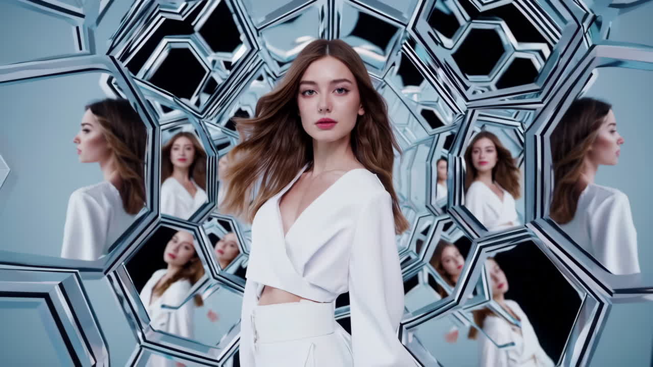 Fashion model surrounded by reflections in a modern mirror structure