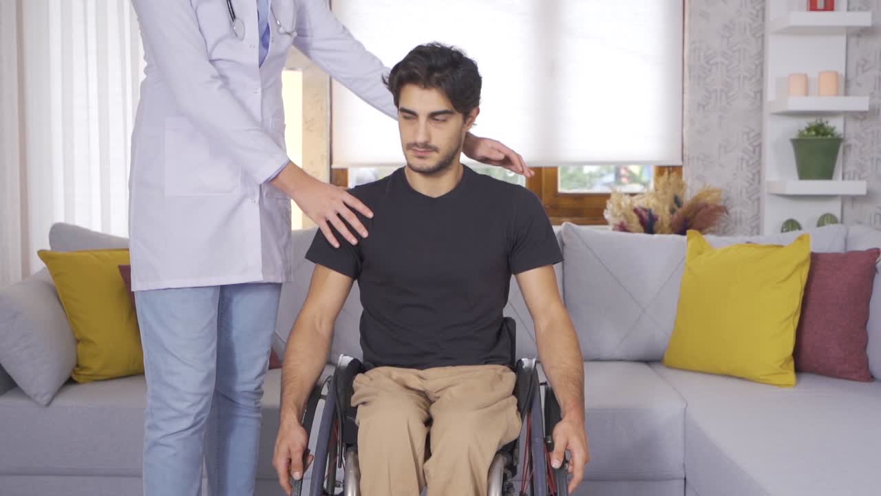 Disabled patient motivated by doctor in slow motion.