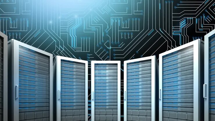 Computer servers on circuit board on dark blue background