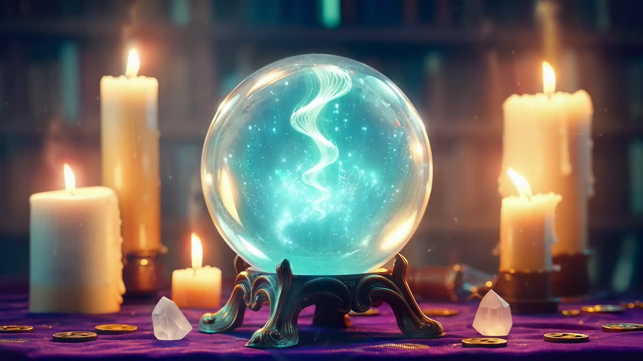 Bola kristal mistis dikelilingi lilin, diambil setinggi mata. Sempurna untuk video fantasi. Langsung.