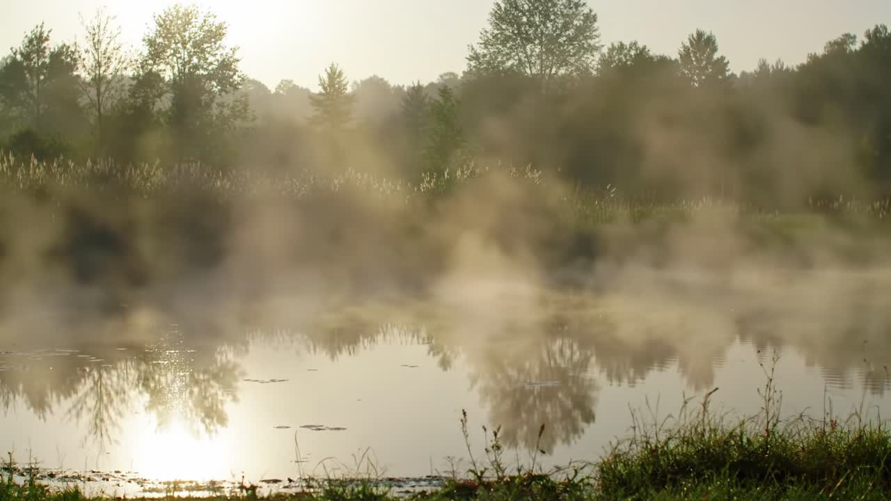 Misty Morning Landscape by the Water: A Serene Reflection of Nature Awash in Gentle Fog and Soft Light, Capturing the Tranquility of an Early Day