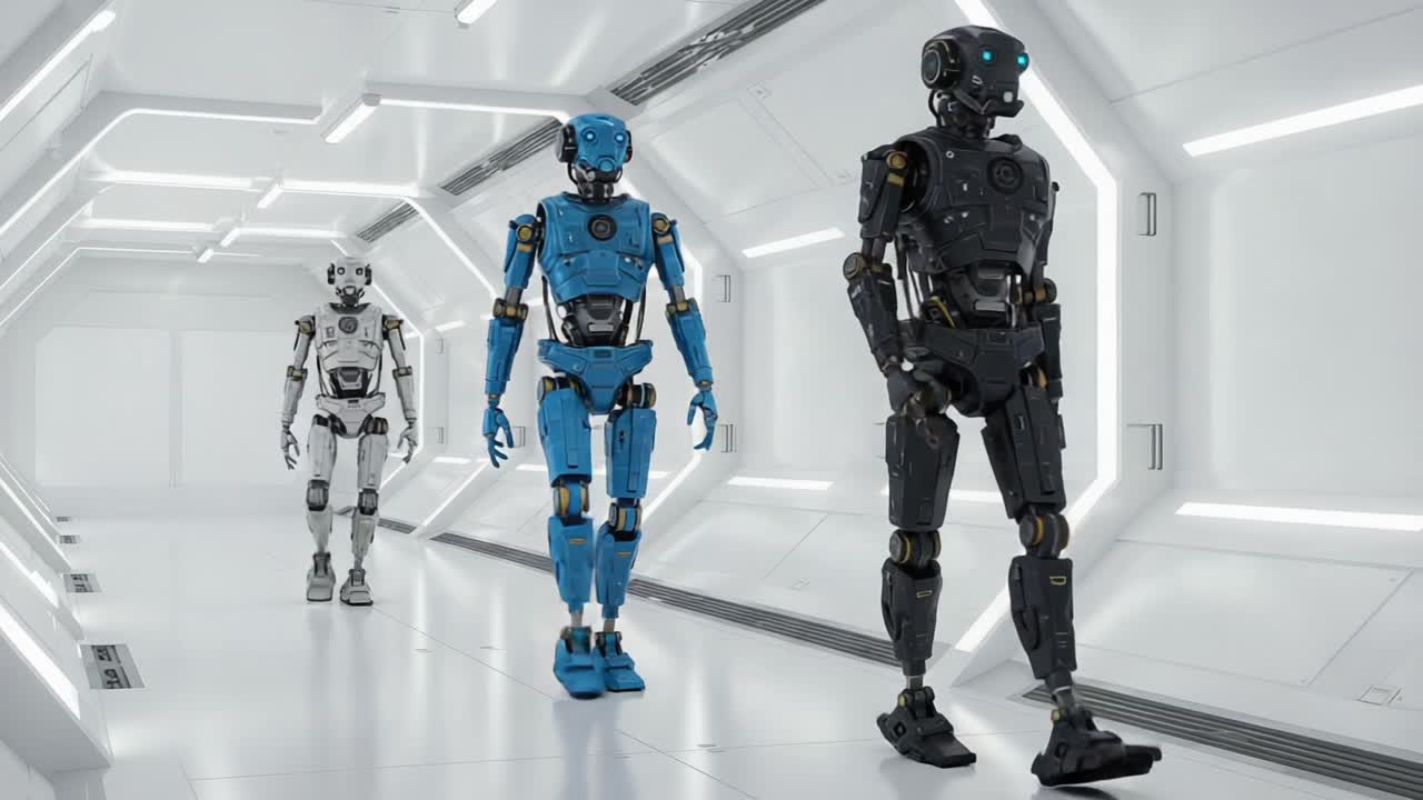 In a futuristic corridor, three distinctly designed robots in various colors and styles navigate their high-tech environment, showcasing advanced robotic technology and autonomous movement