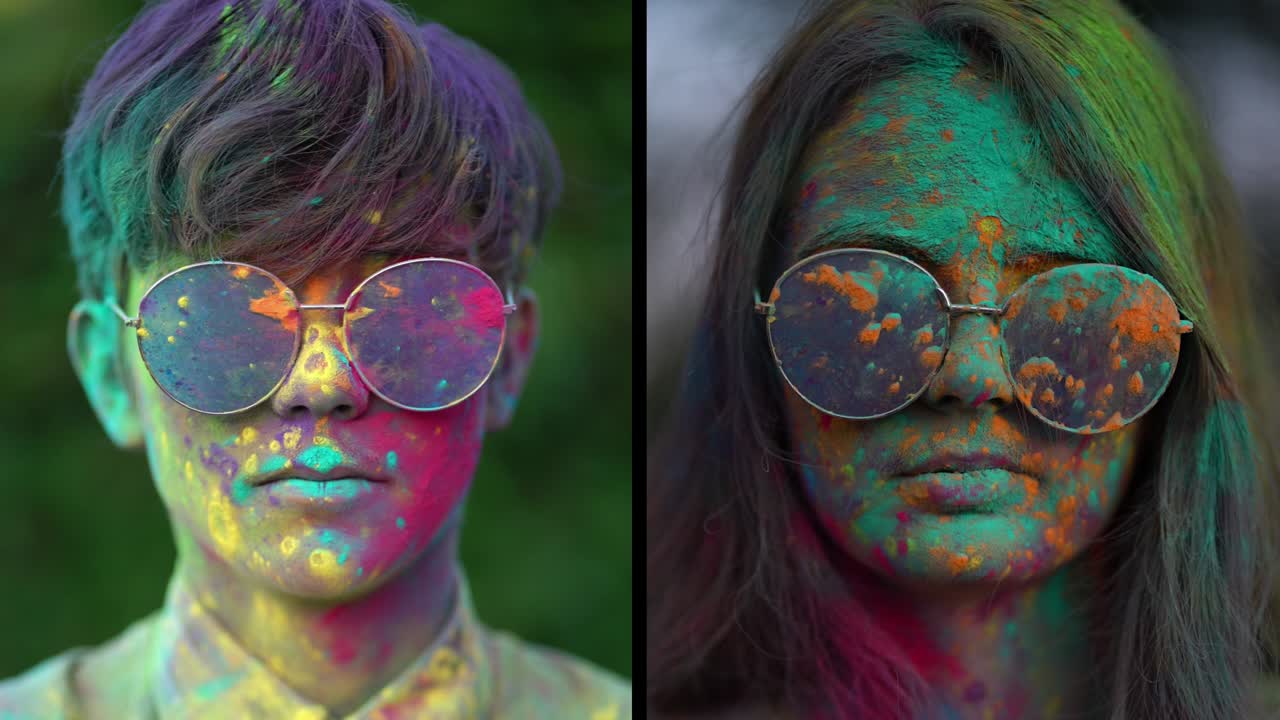 collage close-up shot of a woman and boy covered in colored powder after celebrating at a Holi festival.