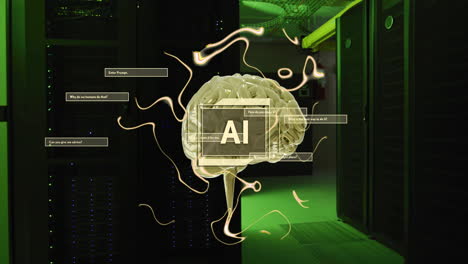 animación de texto ai con cerebro y procesamiento de datos a través de servidores informáticos