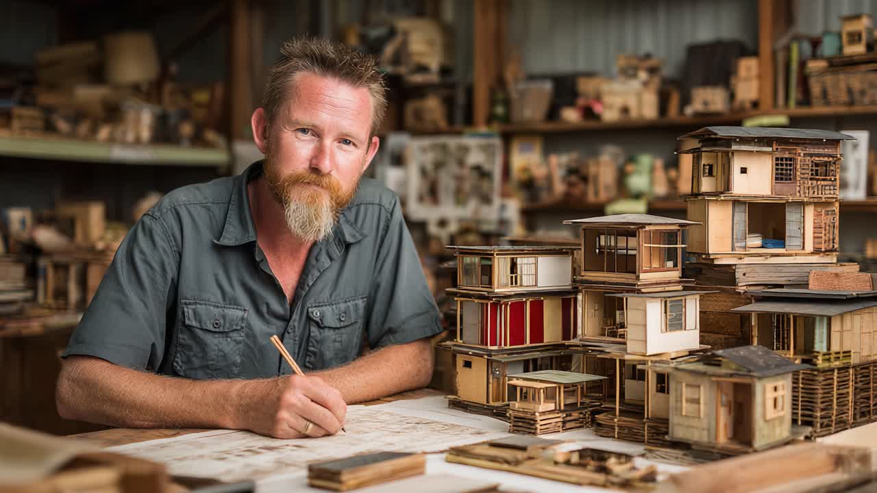 A Dedicated Craftsman Focuses on His Work, Creating Intricate Architectural Models While Surrounded by a Workshop Full of Detailed Miniature Structures