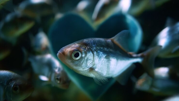 A solitary fish glides gracefully through a vibrant underwater scene, framed by a heart-shaped backdrop formed by soft water currents and shimmering scales