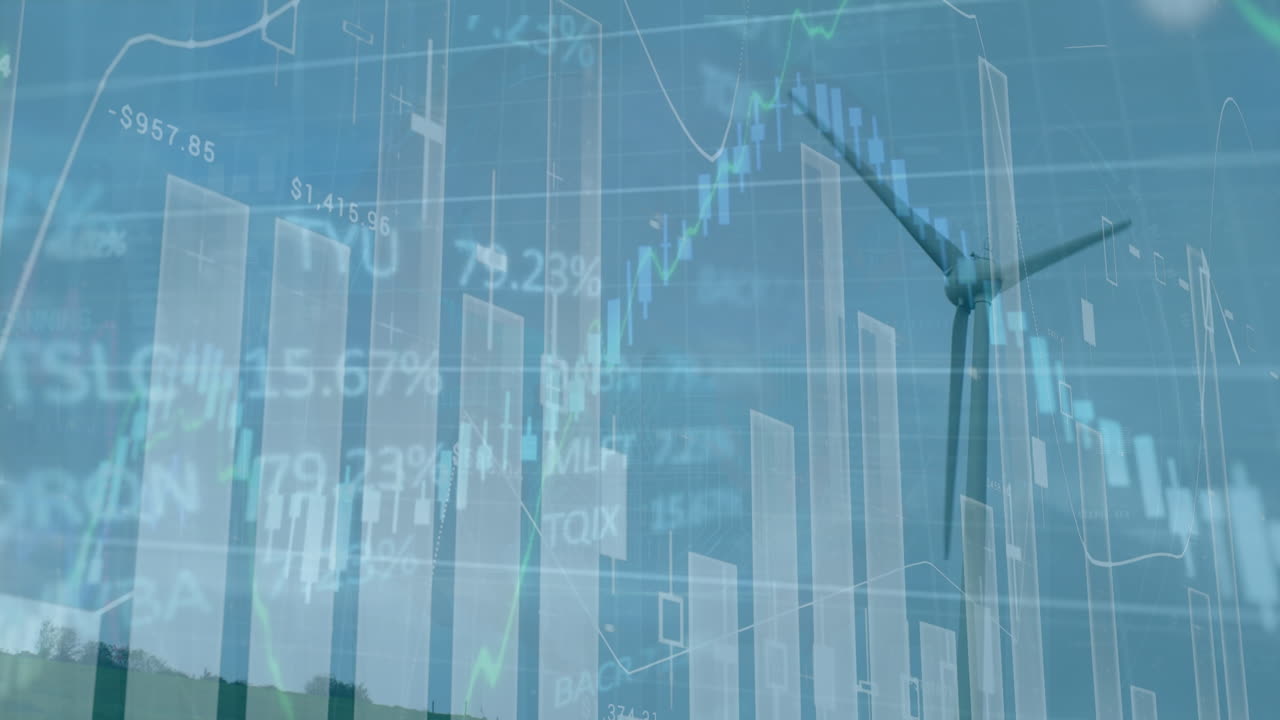 파란 하늘을 배경으로 회전하는 풍차에 대한 통계 및 증권 시장 데이터 처리의 애니메이션