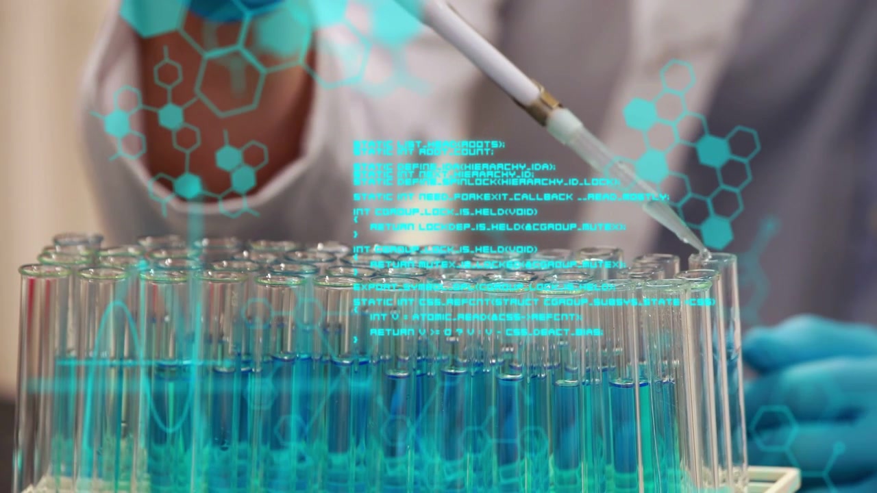 Gloved hand entering right, pipetting blue reagent into tube rack for analysis holograms shifting