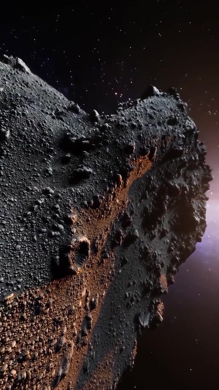 Primo piano cinematografico di un asteroide che fluttua nello spazio profondo.