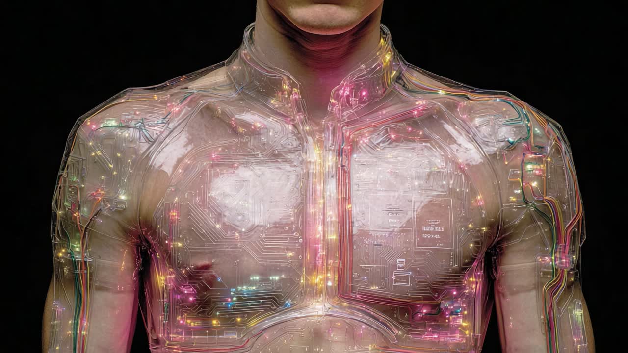 Un'interfaccia futuristica uomo-cyborg: un'esplorazione dell'integrazione tra tecnologia e forma umana attraverso schemi di microchip luminescenti.
