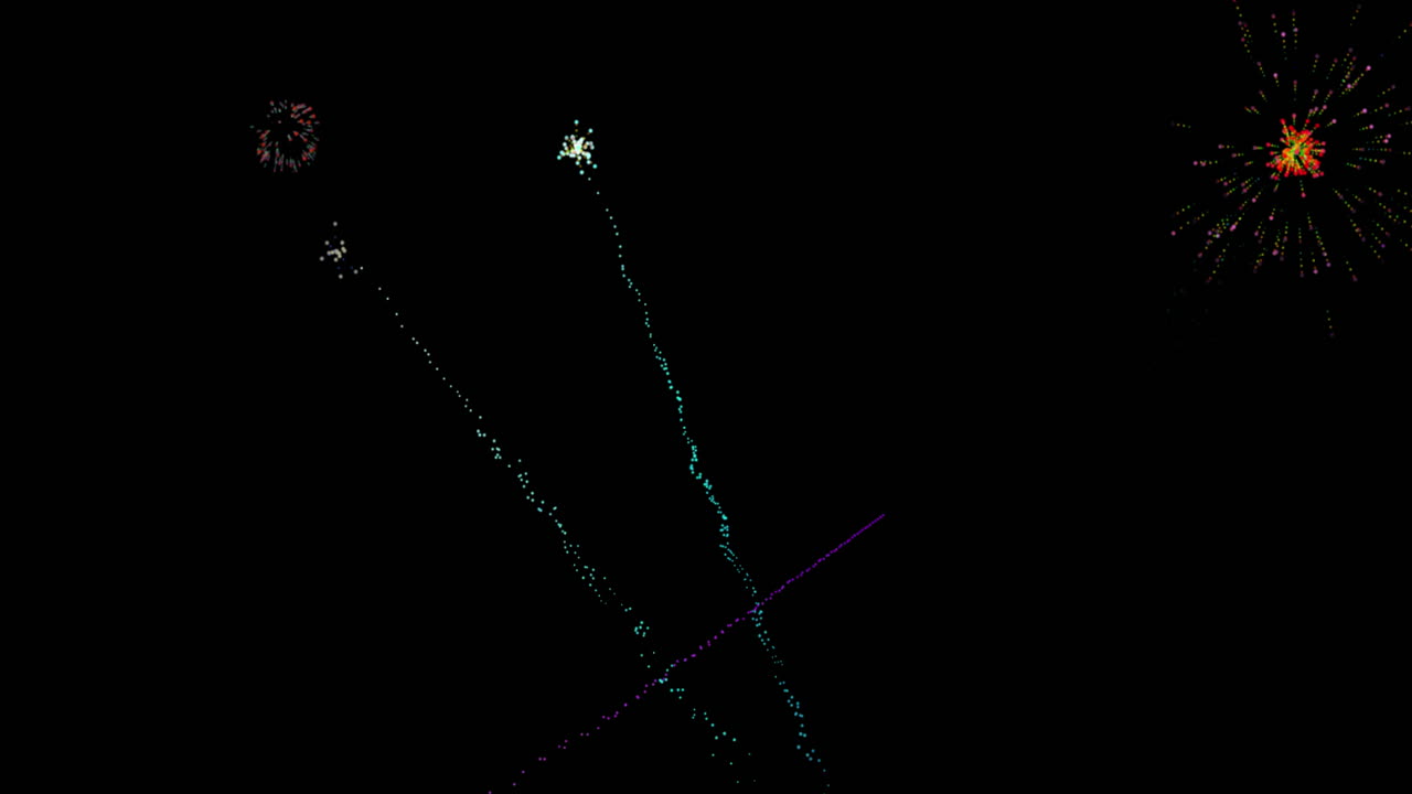 animación de coloridos fuegos artificiales de navidad y año nuevo que explotan en el cielo nocturno
