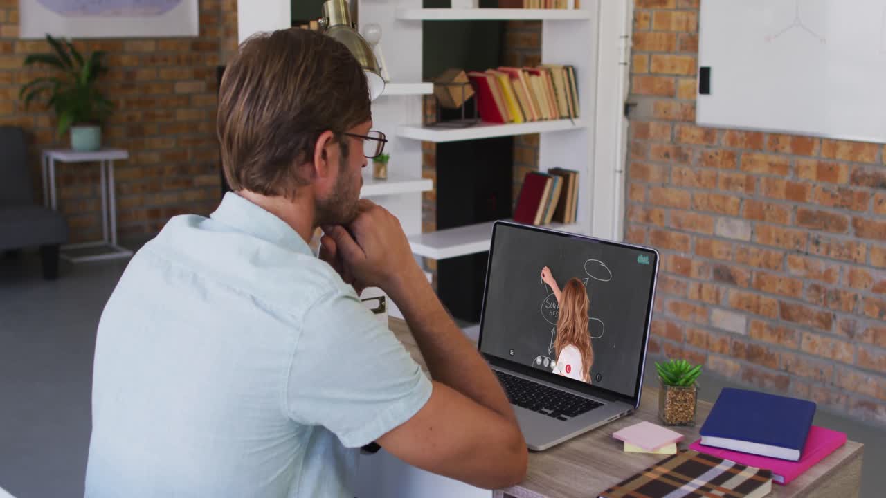 Caucasian male student using laptop on video call with female teacher