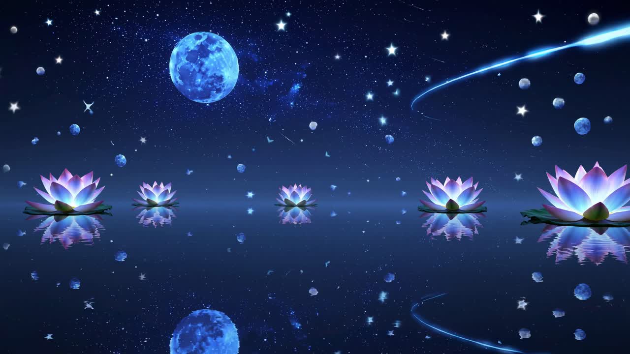 A serene video scene with a low-angle view of lotus flowers on water, under a starry night sky
