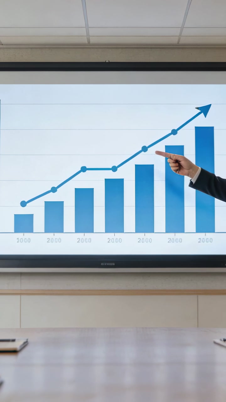 Vertical video: Pointing man in suit entering right showing rising chart on screen to show growth