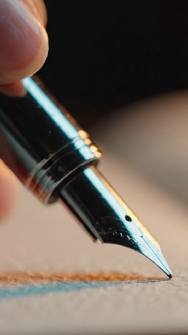 Primo piano di una penna stilografica che crea disegni intricati su carta, mettendo in mostra l'arte e la precisione della scrittura a mano in un ambiente calmo e creativo.