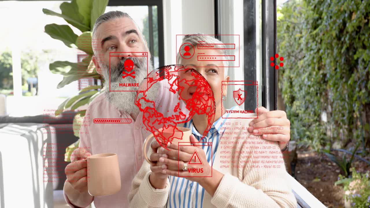 Pair sitting porch holding mugs while AR globe appearing she pointing he following reacting to hack