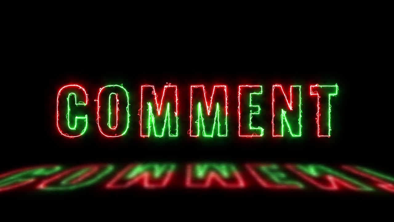 Thin line text 'COMMENT' with green and red lights with reflections on a dark background. Simple seamless loop animated text. 4k typography motion graphic