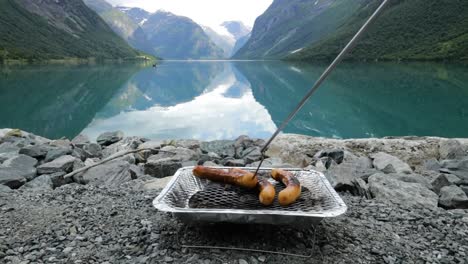 grilling sausages on disposable barbecue grid.