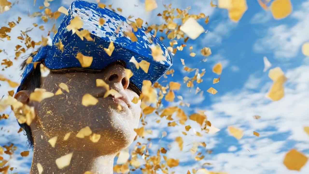 Immersive VR Experience: A Visionary Amidst Cascading Gold Particles Under a Bright Blue Sky, Capturing the Essence of Virtual Reality in an Exhilarating Moment of Discovery
