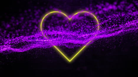animation of neon yellow heart icon and purple glowing digital wave against brick wall background